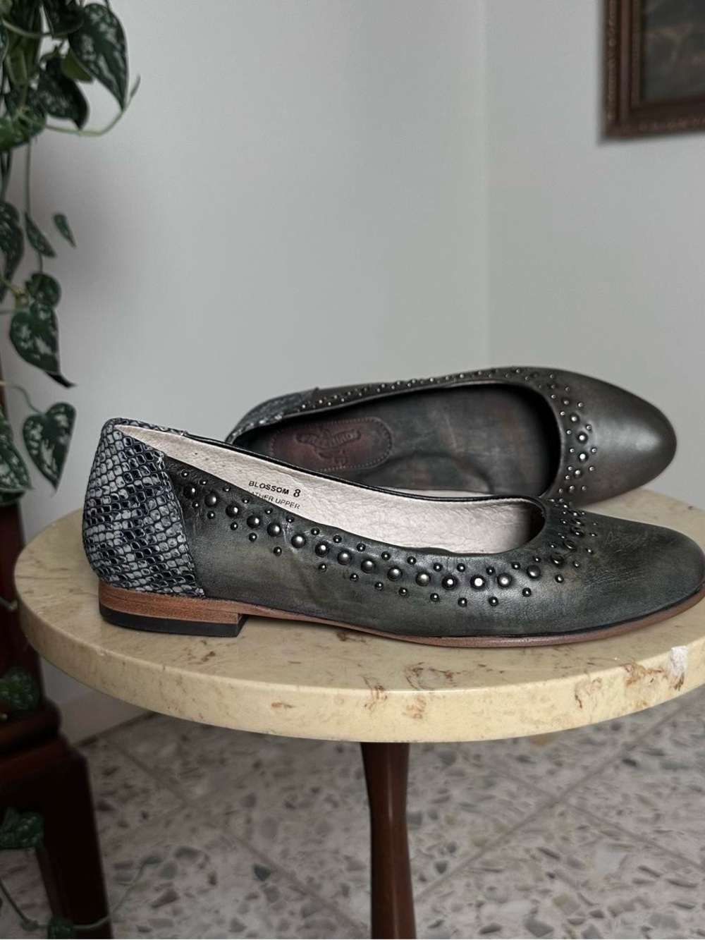 Black grey genuine leather Free Bird ballet flats with silver studs on heel